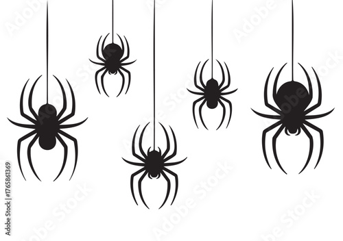Hanging spider silhouettes vector illustrations for Halloween decorations isolated on white background