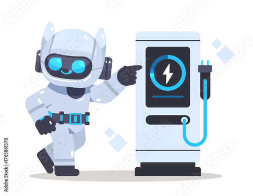 Smart charging station and cute robot. Virtual assistant for energy management. Mascot for presentarion