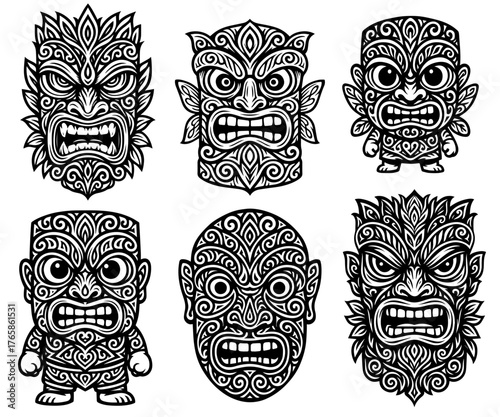 Set of tribal tiki masks and figures with intricate Polynesian ornament, bold black lines, and detailed vector carving design.