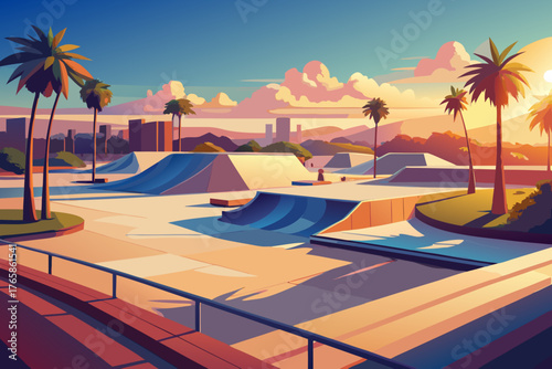 Vibrant skatepark at sunset with palm trees and cityscape