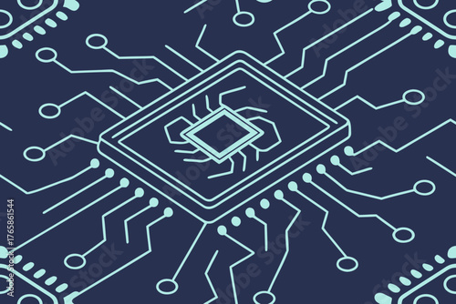 Abstract circuit board pattern with central processor chip
