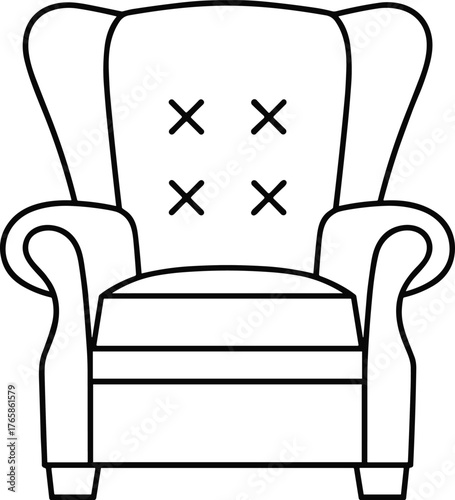 Classic wingback armchair vector illustration, black and white line drawing, cushioned seat with buttons, curved armrests, block legs, traditional furniture design