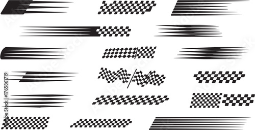 Racing speed icon set. Motorsport and competition related line icons: checkered flag, motion lines, speed effect, and finish symbols. Editable stroke. Vector illustration.