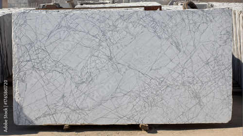 slab. Large cut slab of Carrara marble showing intricate grey veins and texture. safety posters, maintenance manuals, designed for precision metalworking and fabrication facilities.