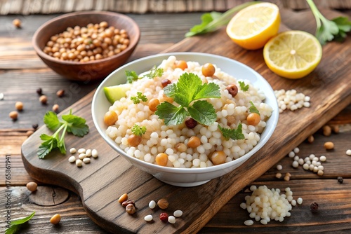 Overhead View of Fluffy Sabudana Khichdi with Toasted Almonds and Lemon in a white bowl with white background