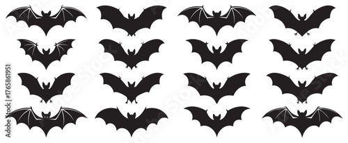Collection of bat silhouettes vector illustration of flying bats in different positions isolated on white ba