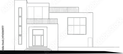 Modern two story building elevation vector illustration, architectural front facade with balcony, tall windows, flat roof, entrance steps, minimalist design, professional blueprint