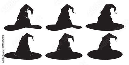 Collection of witch hat silhouettes vector illustration for Halloween designs isolated on white background