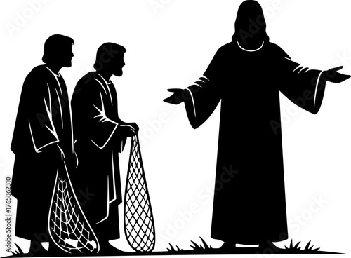 The Jesus Calling Disciples. Christian Clipart silhouette Vector Logo Symbol isolated on white background. Followers dedicated living spiritual journey devoted pupils faith