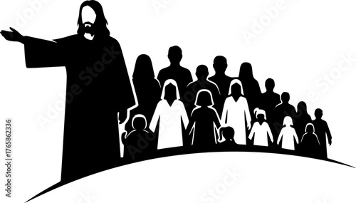 The Jesus Leading a Crowd. Christian Clipart silhouette Vector Logo Symbol isolated on white background. Christ at front guiding gathering hope and devotion among followers