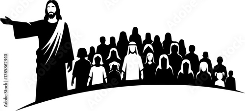 The Jesus Leading a Crowd. Christian Clipart silhouette Vector Logo Symbol isolated on white background. Christ at front guiding gathering hope and devotion among followers