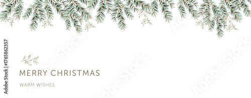 Christmas border, green fir twigs, text, white background. Winter nature design. Vector illustration. Greeting banner template. Xmas forest
