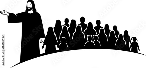 The Jesus Leading a Crowd. Christian Clipart silhouette Vector Logo Symbol isolated on white background. Christ at front guiding gathering hope and devotion among followers