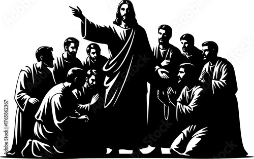 The Jesus with Disciples. Christian Clipart silhouette Vector Logo Symbol isolated on white background. Our savior alongside his followers a sacred story of guidance and devotion. 