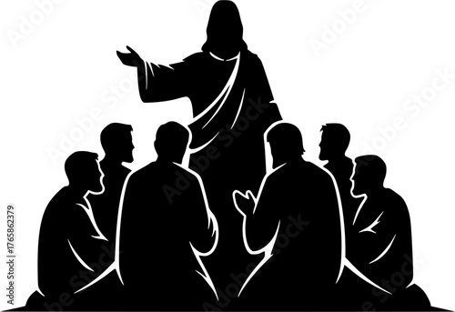 The Jesus with Disciples. Christian Clipart silhouette Vector Logo Symbol isolated on white background. Our savior alongside his followers a sacred story of guidance and devotion. 