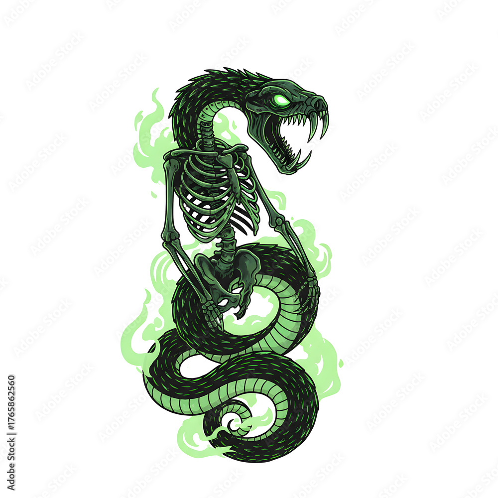 Obraz premium Menacing skeleton snake with vibrant green accents and piercing eyes makes a bold statement, perfect for fantasy artwork and fierce designs.