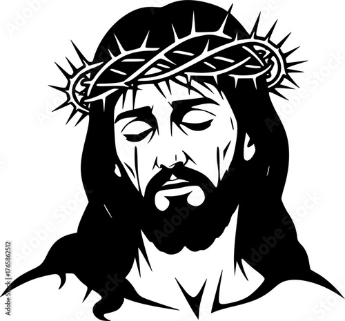 The Jesus with Crown of Thorns. Christian Clipart silhouette Vector Logo Symbol isolated on white background. Depiction christ adorned in thorny chaplet suffering agony religious icon. 