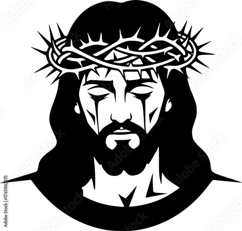 The Jesus with Crown of Thorns. Christian Clipart silhouette Vector Logo Symbol isolated on white background. Depiction christ adorned in thorny chaplet suffering agony religious icon. 