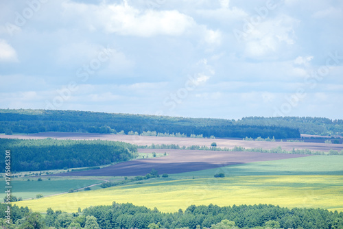 fields and trees against the backdrop of a sky with clouds