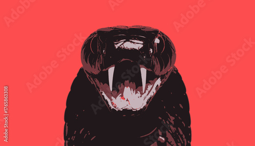 A striking close-up of a snake's open mouth with exposed fangs, set against a red background