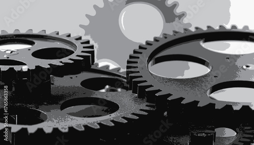A grayscale depiction of interlocking gears with contrasting shades, hinting at mechanics and industry