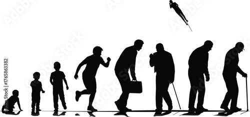 Life cycle silhouette, human evolution stages, aging process illustration, childhood to elderly, spiritual transition concept, growth development, generational journey,