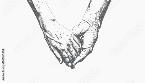 A grayscale, detailed illustration depicts two hands clasped together, suggesting connection and support
