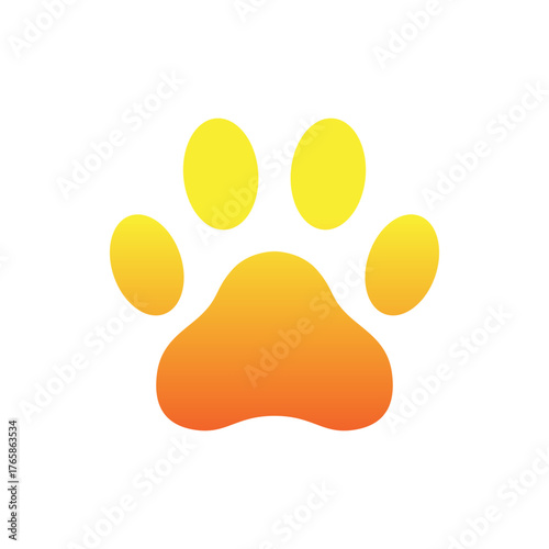 Stylized animal paw print icon with a vibrant yellow to orange gradient. A simple vector graphic symbol for a pet, dog, or cat track, isolated for logo design concepts