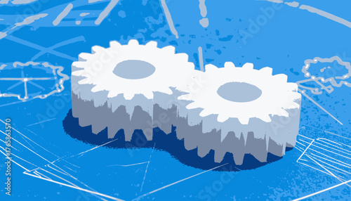Stylized mechanical gears in white and grey against a blueprint background