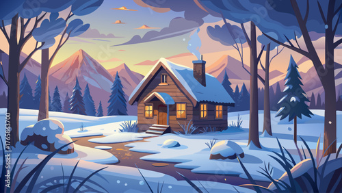 Vector illustration of a cozy cabin in snowy meadow, cloudy winter day, no sunlight, realistic details, calm and cold atmosphere, soft tones, perfect for seasonal background art