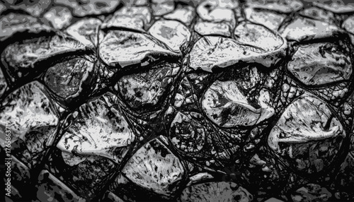 Close-up monochrome shot of reptile skin with coarse, bumpy texture and intricate pattern