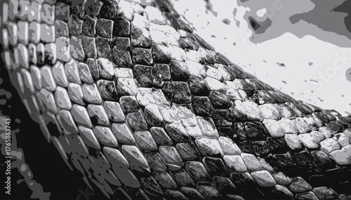 A grayscale close-up of textured reptile skin with scales varying in size and color
