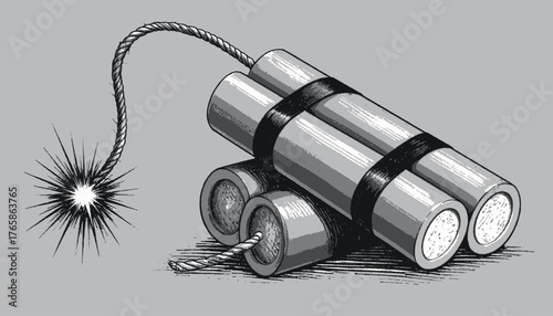 Illustration of a few cylindrical objects tied together, and a fuse with sparking explosion