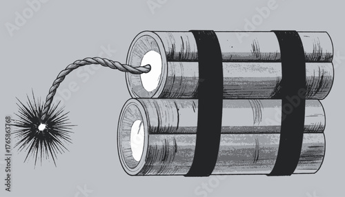 A grayscale illustration of a classic explosive device with a burning fuse ready to be ignited