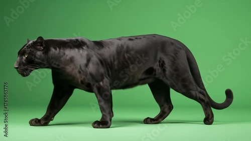 A sleek black panther walks left across the frame against a solid green background, showcasing its muscular build and glossy fur.