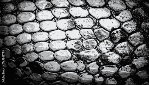 Black and white texture of rounded stones fitting tightly together in a tessellated pattern