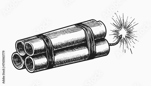 A black and white illustration of a bundle of explosives with a lit fuse