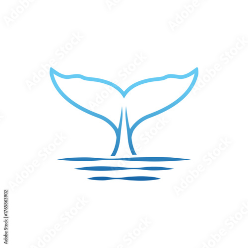 Minimalist blue whale tail vector illustration diving into ocean waves. This simple line art graphic is a powerful symbol of marine life, freedom, and nature, ideal for a company logo design
