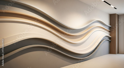Modern architectural wall design featuring undulating waves of textured materials and soft lighting