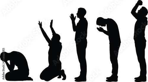 Silhouette prayer poses, spiritual meditation, worship illustration, human devotion, religious ritual, faith expression, kneeling and standing figures, supplication,