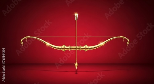 Golden bow and arrow on a red background with a spotlight effect