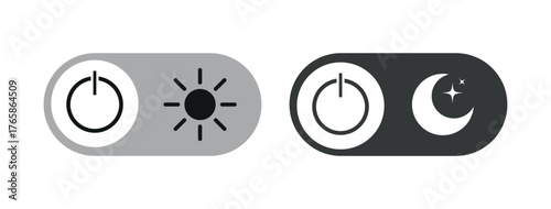 Day and night mode set icon. Sun, moon, dark, morning, weather, light, button, lamp, bulb symbol icons collection. Black and white vector illustration. Mobile apps or website screen brightness icon. 