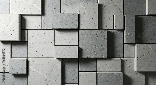 Abstract geometric pattern of light gray concrete blocks with textured surfaces and varying depths