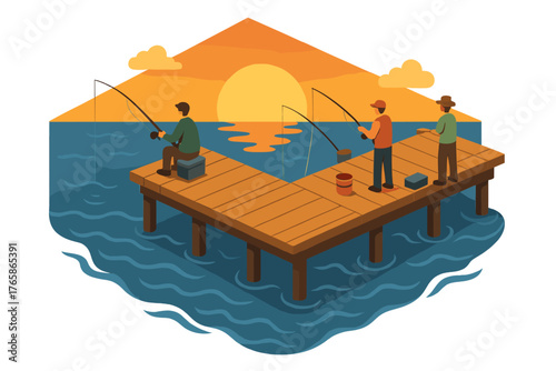 Men fishing on pier at sunset with vibrant ocean scene