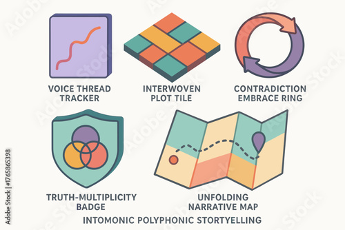 Abstract symbols representing storytelling concepts with five unique icons