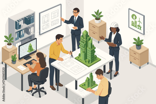 Diverse team of architects collaborating on sustainable building project in modern office