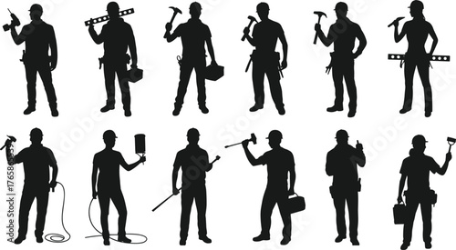 Black outline icons of construction vehicles, bulldozers, tractors, excavators, dump trucks, industrial heavy machinery for engineering, architecture, transport, and building design projects