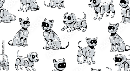 Playful Robotic Dogs and Cats in a Seamless Pattern Design