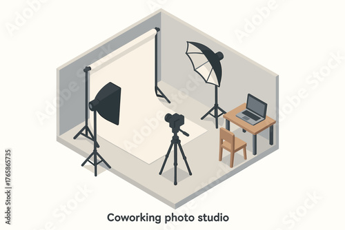 Isometric illustration of modern coworking photo studio setup with equipment