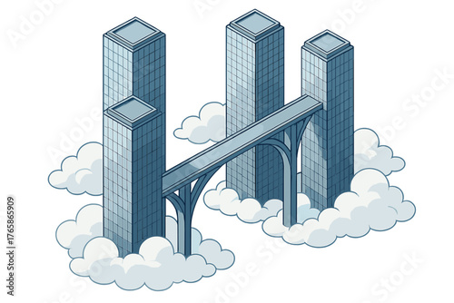 Futuristic skyscrapers in the clouds with connecting bridge
